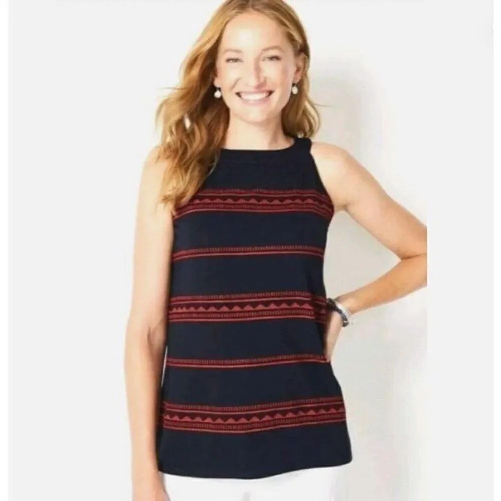 J. Jill Embroidered Knit Sleeveless Top Navy Blue Red  NWT